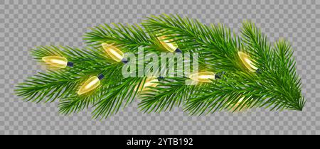 Funkelnde Weihnachtslichter auf leuchtenden Tannenzweigen auf transparentem Hintergrund. Vektor-Illustration für Weihnachten Designs, Grußkarten, banne Stock Vektor