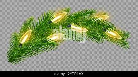 Weihnachtsgirlande auf realistischen üppigen grünen Tannenzweigen auf transparentem Hintergrund. Für Weihnachten, Neujahrsmotive, Feiertagsereignis, Grußkarte Stock Vektor