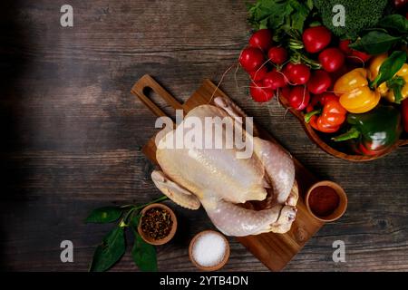 Frische Zutaten, zubereitet für eine gesunde Mahlzeit mit Huhn und buntem Gemüse auf Holzoberfläche Stockfoto