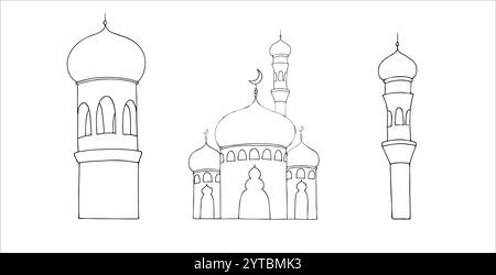 Vektor-islamische Set mit Minarett. Grafische Illustrationsmoschee, Turm isoliert auf weißem Hintergrund. Muslimische handgezeichnete Linienzeichnung, Feiertags-Ramadan Stock Vektor