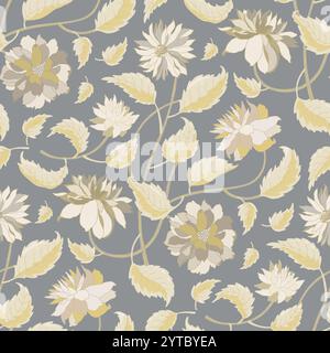 Vintage-Blumenmuster mit sanften, gedämpften Gelb- und Grautönen. Große Dahlienblüten und fließende Blätter Stock Vektor
