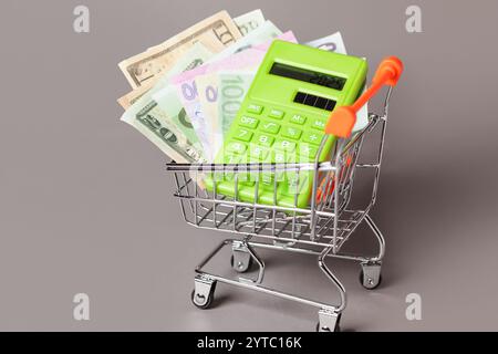Einkaufswagen, grüner Rechner, Geld. Konzeptinflation für Lebensmittelkosten und Konsumverhalten. Lebenshaltungskosten. Verbraucherpreisindex Stockfoto