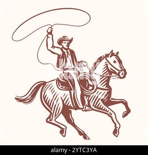 Cowboy reitet Pferd mit Lasso in der Hand, Zeichnung. Ranch, Viehzucht, Rodeo Vintage Vektor Illustration Stock Vektor