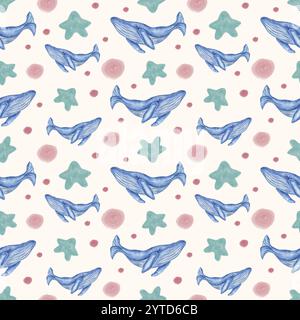 Nahtloses Muster von Meerwalen, Sternen und Kreisen. Das Ökosystem der Tiefsee in Aquarellen. Ideal für Kinderkleidung, Bettwäsche und Hintergründe. Stockfoto