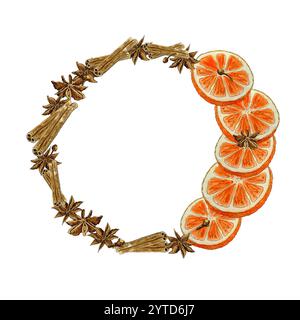 Kranz mit Orange, Zimtstab, Sternanis und Nelken mit Aquarellfarben Stockfoto