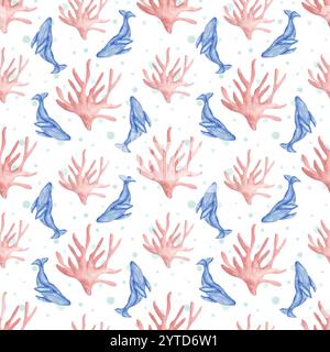 Nahtloses Aquarellmuster mit Bildern von Walen, Korallen und Wasserblasen. Es ist ideal für die Dekoration von Tapeten, Kindertextilien und Schlafaccessoires. Stockfoto