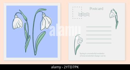 Eine Postkartenvorlage mit dem Konzept einer Frühlingsblume im Retro-Stil. Quadratische Komposition, Osterferien, Frauentag, Geburtstag. Stock Vektor