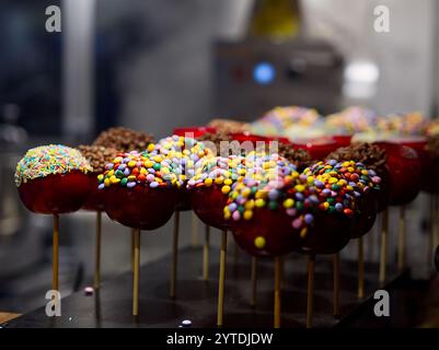 Schokoladenkuchen in Holzstäbchen in Nahaufnahme hochwertiges Foto Stockfoto