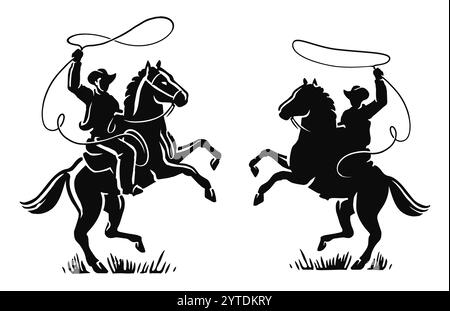 Amerikanischer Cowboy mit Lasso auf Pferd. Ranch, Rinderzucht, Rodeo-Symbol oder Emblem. Silhouettenvektor-Illustration Stock Vektor
