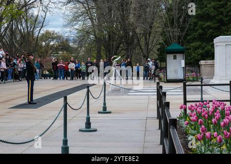 Arlington National Cemetery, Zuschauer beobachten die Zeremonie des Wachabwechselns am Grab des unbekannten Soldaten. Arlington, Virginia, USA. Stockfoto