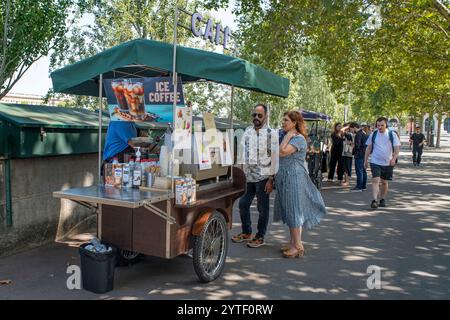 Eiskaffee-Stände neben den Bouquinistes oder Buchstände an der seine in Paris in der Nähe der Kathedrale Notre Dame, Riverside Bouquinistes, Green Boxes Stockfoto