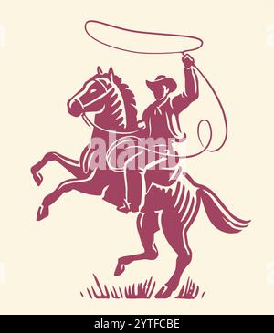 Cowboy-Mann mit Lasso auf Pferd. Ranch, Viehzucht, Rodeo-Emblem oder -Symbol. Vektorabbildung Stock Vektor