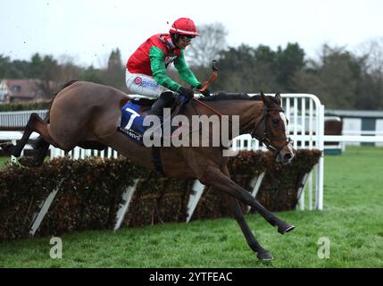 Henri ist der zweite, der von Jockey Freddie Gingell auf dem Weg zum Sieg des Pertemps Network Handicap beim Betfair Tingle Creek Saturday auf der Rennbahn Sandown Park, Esher, gefahren wurde. Bilddatum: Samstag, 7. Dezember 2024. Stockfoto