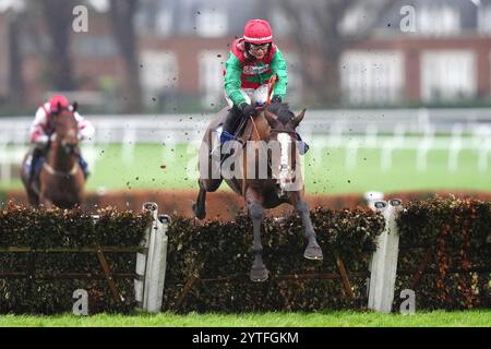 Henri ist der zweite, der von Jockey Freddie Gingell auf dem Weg zum Sieg des Pertemps Network Handicap beim Betfair Tingle Creek Saturday auf der Rennbahn Sandown Park, Esher, gefahren wurde. Bilddatum: Samstag, 7. Dezember 2024. Stockfoto