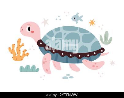 Schildkröte in einer Meeresumgebung zwischen Fischen, Algen und Korallen. Moderne, minimalistische Illustration im skandinavischen Kinderstil. Stock Vektor