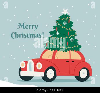 Roter Oldtimer mit Weihnachtsbaum. Frohe Weihnachtskarte. Moderne, minimalistische Illustration im skandinavischen Stil. Festliche Feiertagsgrüße Stock Vektor