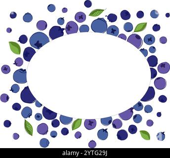 Blauer und violetter ovaler geometrischer Rahmen mit Reifen Heidelbeeren auf weißem isoliertem transparenten Hintergrund. Grafische Linienvektorgrafik. Stock Vektor
