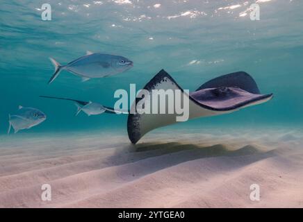 Augenhöhe mit einem südlichen Stachelrochen (Hypanus americanus), Schatten sichtbar auf dem sandigen Meeresboden und Oberflächenwellen sichtbar oben. Bar Jack Fisch hinten. Stockfoto