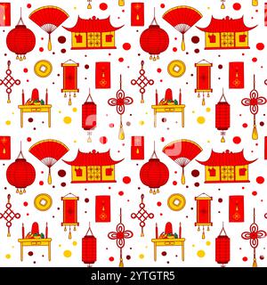 Nahtloses Muster, Papier zur chinesischen Neujahrsfeier. Mondneujahr, traditionelle Feiertagssymbole, endlose Ornamente. Stock Vektor