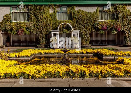 Ein großes Gebäude mit einem weißen Torbogen und einem Brunnen davor. Der Bogengang ist mit Blumen dekoriert und der Brunnen ist von gelben Flüssen umgeben Stockfoto