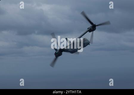 U.S. Marines mit Bataillon Landing Team 2/4, 31. Marine Expeditionary Unit, Transport an Bord eines U.S. Marine Corps MV-22B Osprey, das Marine Me zugewiesen wurde Stockfoto