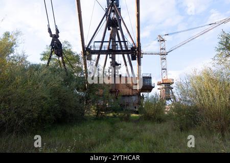 Verlassener Industriekran umgeben von bewachsener Vegetation. Stockfoto