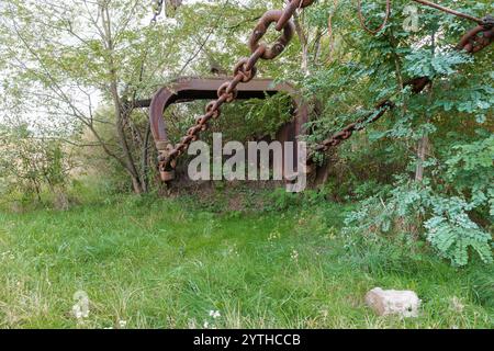 Verlassene Maschinen umgeben von bewachsener Vegetation. Stockfoto