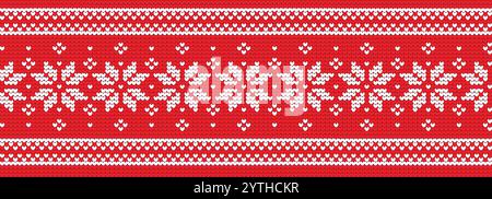 Nahtlos gestrickter Weihnachtsrand mit weißem Schneeflockenmuster auf rotem Hintergrund. Festliches Design im skandinavischen Stil. Vektorformat EPS10. Stock Vektor