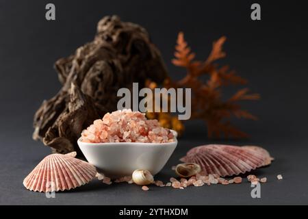 Rosafarbenes himalaya-Salz mit Schlingen, Thuja-Zweigen und Muscheln. Himalaya-Salz in weißer Schüssel auf schwarzem Hintergrund. Kopierbereich. Stockfoto