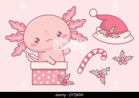 Süßes Weihnachtsset mit Axolotl. Kleine Karikaturfigur in rosa Kawaii mit Weihnachtsmütze in Geschenkbox, gestreiften Karamellbonbons und stechpalme. Vektorabbildung. Isola Stock Vektor