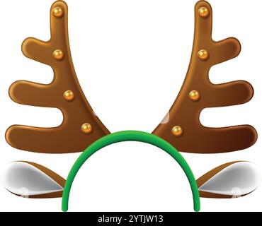 Stirnband mit Rentiergeweih und goldenen Verzierungen und weißen Ohren an einem grünen Kunststoffband, das weihnachtsfeiern mit festlichem Beifall beschert Stock Vektor