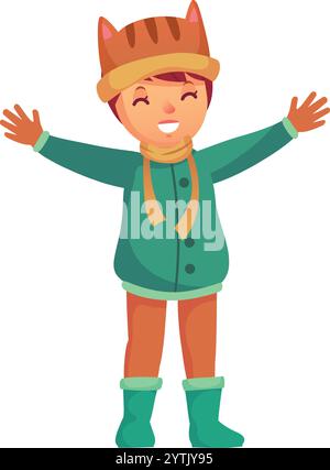 Ein fröhliches Kind, das einen warmen Wintermantel, Schal, Handschuhe und einen lustigen Tierhut trägt, öffnet die Arme und lächelt und das kalte Wetter genießt Stock Vektor