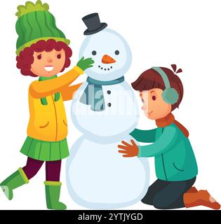 Zwei fröhliche Kinder, gebündelt in farbenfrohe Winterkleidung, bauen glücklich einen großen Schneemann, der mit einer Karottennase, einem stilvollen Hut und einer gemütlichen Decke geschmückt ist Stock Vektor