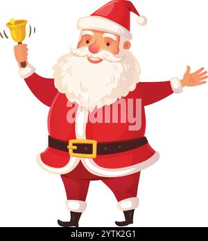 Der weihnachtsmann läutet fröhlich eine goldene Glocke, während er warme Grüße mit offenen Armen ausspricht, um die Essenz des festlichen weihnachtsgeistes einzufangen und Stock Vektor