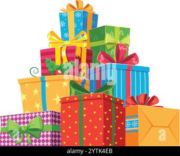 Leuchtende Farben und festliche Muster füllen einen wunderschönen Haufen weihnachtsgeschenke, gewickelt in fröhliches Papier, das mit Bändern und Schleifen verziert ist Stock Vektor