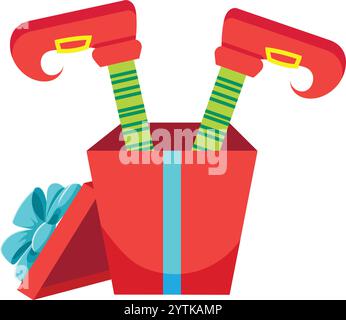 Lustige weihnachtsillustration mit Elfenbeinen in roten Schuhen und grün gestreiften Socken, die aus einer rot geöffneten Geschenkbox mit einer hellblauen Schleife auftauchen Stock Vektor