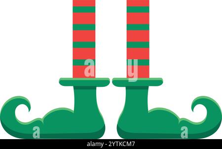 Weihnachtselfenbeine mit skurrilen grünen Schuhen, gelockten Zehen und leuchtend rot-grün gestreiften Socken sorgen für einen lustigen, festlichen Touch für den Urlaub Stock Vektor