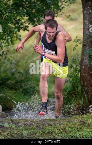 Läufer des Kilnsey Crag Fell Rennens, das bei der Kilnsey Show im Yorkshire Dales National Park, Großbritannien, ausgetragen wurde. Stockfoto
