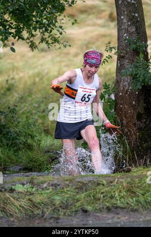 Läufer des Kilnsey Crag Fell Rennens, das bei der Kilnsey Show im Yorkshire Dales National Park, Großbritannien, ausgetragen wurde. Stockfoto