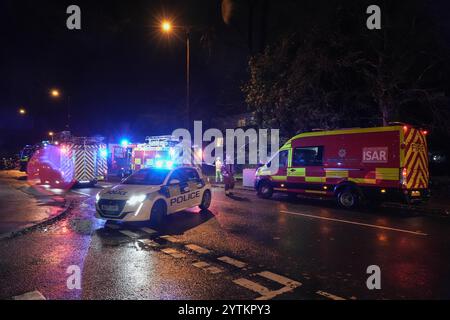 HINWEIS AN REDAKTEURE - Tod durch Polizeibeamten vor Ort bestätigt. - Sutton Road, Erdington, Birmingham 7. Dezember 2024 - Ein Mann starb, nachdem sein Auto von einem Baum getroffen wurde, der am Samstag Nachmittag bei starken Sturm Darragh Winden auf der Sutton Road an der Kreuzung der Silver Birch Road in der Erdington Gegend von Birmingham getroffen wurde. Feuerwehrleute, darunter Mitglieder der USAR und ISAR, Urban/International Search and Rescue, die oft zu großen Katastrophen in Übersee geschickt werden, haben heute Abend den Baum aus dem Fahrzeug geschnitten, um den nicht identifizierten Mann zu retten. Quelle: British News und Media/Alamy Live News Stockfoto