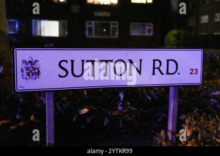 HINWEIS AN REDAKTEURE - Tod durch Polizeibeamten vor Ort bestätigt. - Sutton Road, Erdington, Birmingham 7. Dezember 2024 - Ein Mann starb, nachdem sein Auto von einem Baum getroffen wurde, der am Samstag Nachmittag bei starken Sturm Darragh Winden auf der Sutton Road an der Kreuzung der Silver Birch Road in der Erdington Gegend von Birmingham getroffen wurde. Feuerwehrleute, darunter Mitglieder der USAR und ISAR, Urban/International Search and Rescue, die oft zu großen Katastrophen in Übersee geschickt werden, haben heute Abend den Baum aus dem Fahrzeug geschnitten, um den nicht identifizierten Mann zu retten. Quelle: British News und Media/Alamy Live News Stockfoto