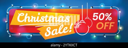 Rot-gelbes weihnachtsschild mit 50 % Rabatt, hängenden Ornamenten und leuchtenden bunten Lichtern auf blauem Hintergrund Stock Vektor