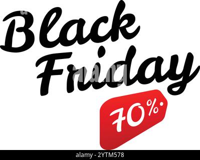 Black friday-Angebot mit auffälligem schwarzem Schriftzug, das siebzig Prozent Rabatte ankündigt, ergänzt durch ein auffälliges, rotes, abgewinkeltes Etikett, das alles gegen einen sauberen Look sorgt Stock Vektor