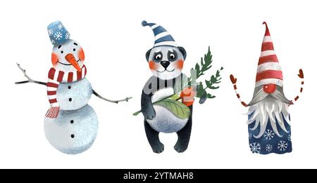 Festliche Winterillustration mit einem fröhlichen Schneemann, einem niedlichen Panda und einem skurrilen Gnom Stockfoto