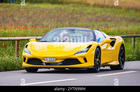 Oberglatt, Schweiz, 15. Juni 2024: Ein gelber neuer Ferrari F8 Spider aus dem Jahr 2020 fährt auf einer Straße außerhalb des Kantons Zürich. (Foto von A Stockfoto