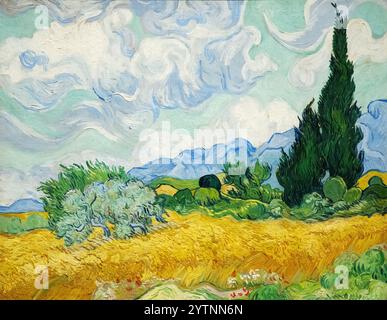 Van Gogh Ein Wheatfield mit Zypressen - 1889. Vincent Van Gogh Gemälde eines Weizenfeldes mit Zypressen, post-impressionistisches Gemälde aus den 1800er Jahren. Stockfoto