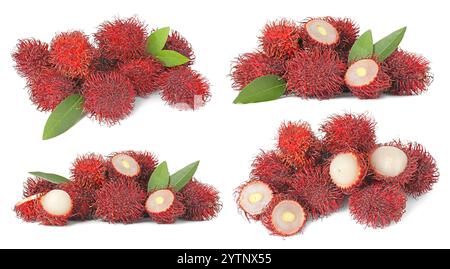 Frische tropische Rambutan-Früchte und grüne Blätter isoliert auf weiß, gesetzt Stockfoto