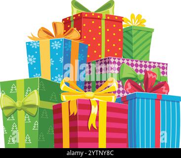 Gestapelte weihnachtsgeschenke in farbenfrohem Papier und mit festlichen Bändern und Schleifen verziert, die eine fröhliche und fröhliche Atmosphäre für Th schaffen Stock Vektor