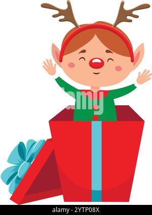 Happy christmas Elf springt aus einer leuchtend roten Geschenkbox, trägt Rentiergeweih und winkt freudig und fängt den festlichen Geist der Feiertage ein Stock Vektor