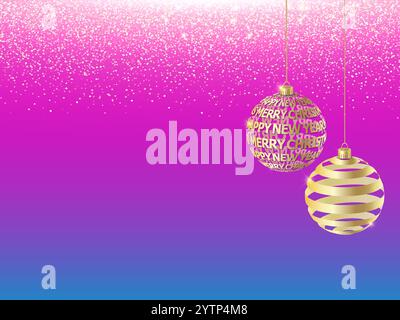 Goldene Kugeln im Hintergrund. Fallendes glänzendes Konfetti mit Goldsplittern. Grußkarte mit strahlendem Lichteffekt für Weihnachten oder Neujahr. Stock Vektor